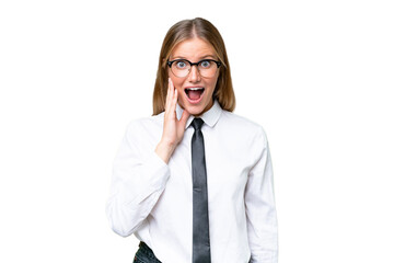 Young business caucasian woman over isolated background with surprise and shocked facial expression