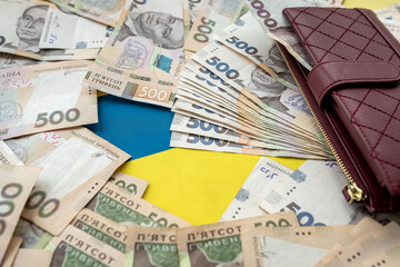 purse wallet with hryvnia on the background Ukrainian flag