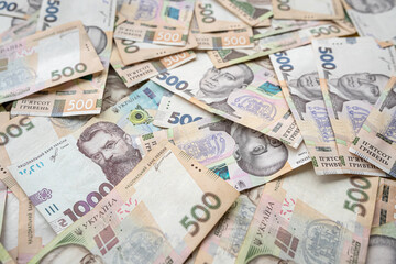 Fototapeta na wymiar 500 1000 Ukrainian money currency as background. Finance concept, UAH