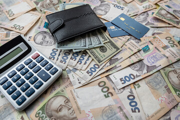 Money background purse calculator dollar with hryvnia
