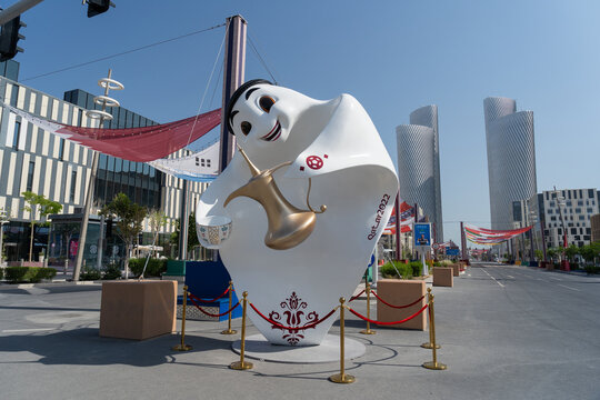 FIFA World Cup 2022 Official Mascot Laeeb In Lusail Boulevard, Doha Qatar.