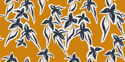 Materiał do szycia Modern floral exotic print. Collage artistic contemporary seamless pattern. Hand drawn style.