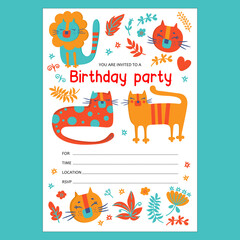 KITTEN INVITES To Birthday Various Feline Animals Smiling Watercolor Characters Cartoon Hand Drawn Sketch In Flat Design And Text Banner With Date And Time