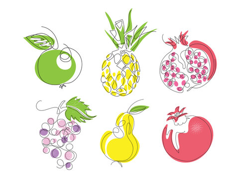Set of images of fruits. Apple, pineapple, pomegranate, pear, grape. One line drawing.
