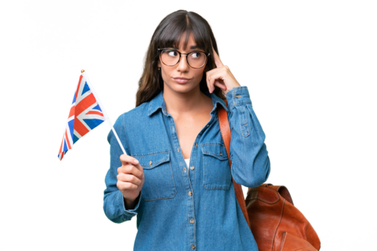 Young caucasian woman holding an United Kingdom flag over isolated background having doubts and thinking
