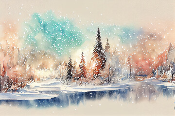 watercolor forest illustration, winter trees, Christmas nature, holiday background, conifer, snow, outdoor, snowy rural landscape