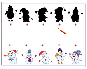 A logical game for children find the right shadow, snowman. vector illustration