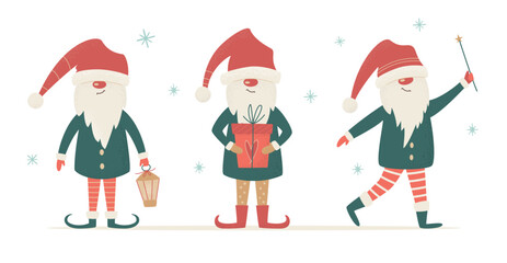 Set of Scandinavian Nordic Gnome, cute Christmas Santa Elves. Vector illustration for Xmas Card, Seasons greetings