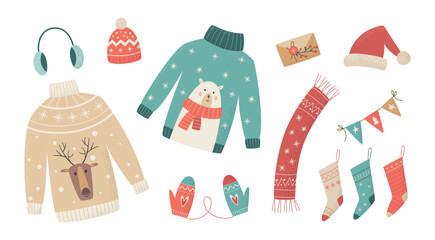 Vector set of cute winter clothes: sweaters, socks, hats, mittens, scarf. Christmas ugly sweaters. Traditional knitted clothes with different prints. Winter greeting card. Happy New Year