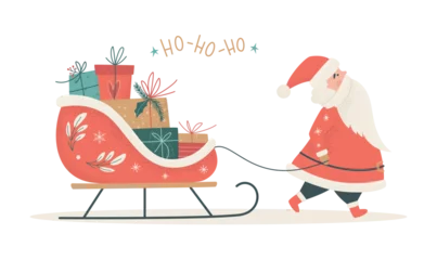Fotobehang Santa Claus carrying sleigh with present boxes. Ho-Ho-Ho. Merry Christmas, Happy new Year, Winter holidays concept. Vintage vector illustration for greeting card, banner © Elena Iakovleva