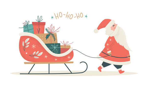 Santa Claus carrying sleigh with present boxes. Ho-Ho-Ho. Merry Christmas, Happy new Year, Winter holidays concept. Vintage vector illustration for greeting card, banner