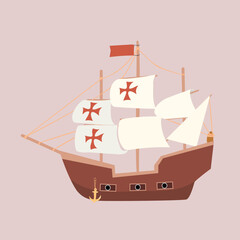 Caravel Ship Navigation. Sailing ship floating on the sea waves.  Vector illustration - obrazy, fototapety, plakaty
