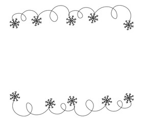 black and white background, frame of snowflakes hand-drawn in the style of one line art, minimalism