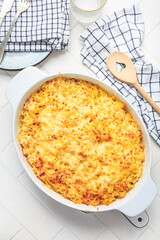 Typical American macaroni and cheese (mac and cheese ) in caseroll
