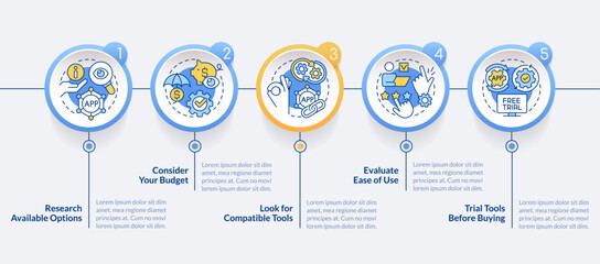 Consideration business tools tips circle infographic template. Data visualization with 5 steps. Editable timeline info chart. Workflow layout with line icons. Lato Bold, Regular fonts used © bsd studio