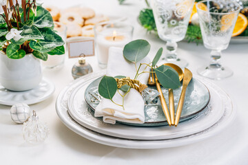 Christmas table setting with eucalyptus, cutlery and potted cyclamen in white and green tone