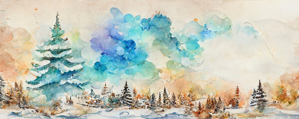 Watercolor Painting of Winter Forest Landscape. Chrismas, New Year, Winter Fairy tale