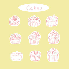 Cakes stickers set vector illustration, hand drawing sketch