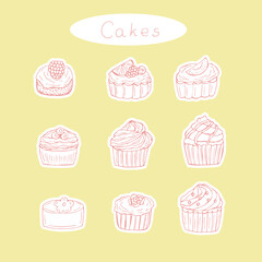 Cakes stickers set vector illustration, hand drawing sketch