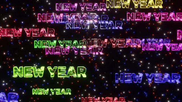 Background in the form of falling words new year colorful neon on a stars background 3d render. Happy new year screensaver, Happy new year eve. The holiday comes to us
