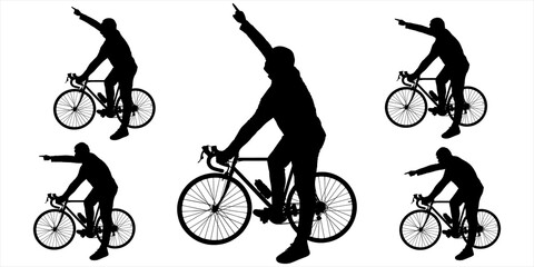 The cyclist is standing next to the bike. The guy with the bicycle holds the handlebars of the bicycle with his hand, with the other hand he shows the direction: up, down, sideways. Isolated on white