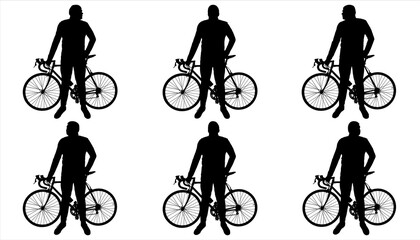 Cycling. Sport. Bicycle tourism. A man stands next to a bicycle. View: bike - sideways, man - looking at the camera. The guy with the bike. Six black male silhouettes isolated on white background