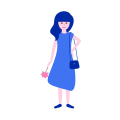 Sweet carefree girl in blue dress, bag on shoulder and pink flower in hand.