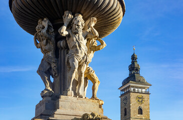 Czech Republic, South Bohemian Region, Ceske Budejovice, Samson Fountain on Premysl Otakar II Square with Black Tower in background