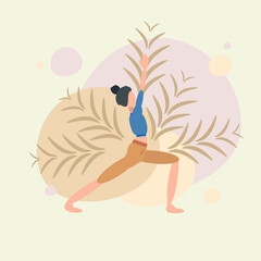 A woman practices yoga in a warrior pose against a background of abstract spots and plant elements. Can be used for poster, banner, flyer, website.