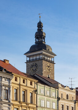 Czech Republic, South Bohemian Region, Ceske Budejovice, Row houses in front of Black Tower