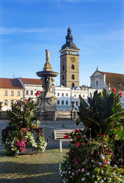 Czech Republic, South Bohemian Region, Ceske Budejovice, Samson Fountain on Premysl Otakar II Square with Black Tower in background