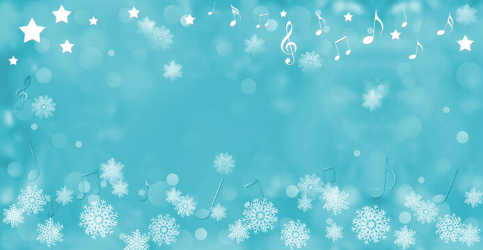 音符と雪の結晶がキラキラ輝く背景イラスト