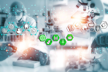 Double exposure microscope and Young woman scientific using equipment in the laboratory for research.Biotechnology,development,chemical,vaccine,COVID-19. Photo concept experimentation and research.