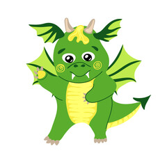 Dragon kid. Funny dragon, cute magic lizard with wings and horns. Fairytale monsters. Vector illustration