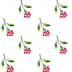 Red abstract berries on branch with green leaves in seamless pattern on white background. Watercolor hand drawing illustration. Wet aquarelle style. Perfect for digital paper, textile, wallpaper.