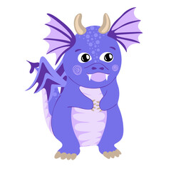 Dragon kid. Funny baby dragon, cute magic lizard with wings and horns. Fairytale monsters. Vector illustration
