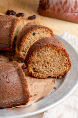 Healthy and delicious cake slices, lemon and rich chocolate chips whole wheat flour cake, concept food photo selective focus close up