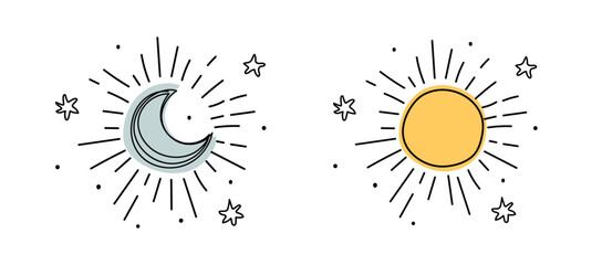 Weather icon set, shining crescent moon and sun with rays line drawing, simple boho tattoo with stars. Vector illustration isolated on white background. © Salomi art