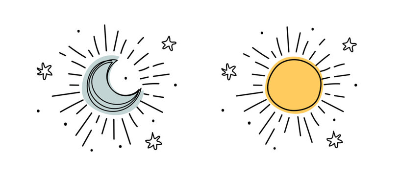 Weather icon set, shining crescent moon and sun with rays line drawing, simple boho tattoo with stars. Vector illustration isolated on white background.