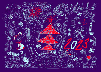 Chinese new year greeting card 2023 with red Christmas tree, santa, rabbit and attributes on dark violet. Naive vector cute baby scribble style collection for merry Christmas and happy new year.