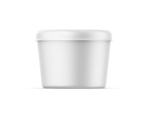 Blank matte plastic cup with cover for yogurt, cream, dessert or jam. Realistic packaging mockup template. 3D render illustration