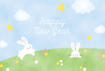 new years greeting card with a flower garden and rabbits, the Chinese or Japanese zodiac sign for 2023 or easter greeting card
