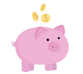 Coins with a dollar sign are falling into a pink piggy bank