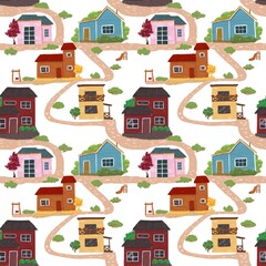 a noiseless pattern with cute houses of different colors and shapes