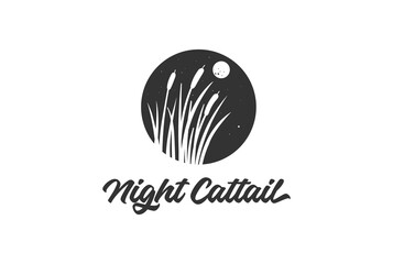 Vintage Circle Night Sky Cattail Reed Grass Lake River Creek Swamp Logo Design