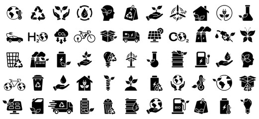 Green Energy Silhouette Icon Set. Solar Electric Renewable Power. Save Environmental Ecology Glyph Pictogram. Eco House, Car, Factory Clean Natural Environment Symbol. Isolated Vector Illustration - obrazy, fototapety, plakaty