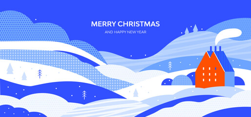 Snowy winter landscape of the countryside with hills, snowdrifts, trees and cozy house. Merry Christmas and happy New year horizontal banner with congratulatory text. Colorful vector flat illustration