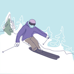 Skier rides on mountain slope abstract modern line illustration vector poster.Tourist sport concept.Winter sport,vacation,active lifestyle.Ski racer Minimalist style design