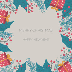 Christmas border with gift boxes and branches