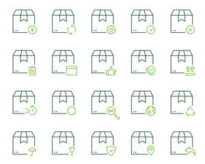 Shipment Packaging Cardboard Parcel Box for Delivery Service Line Icon Set. Carton Box for Shipping Outline Icon. Transportation Cargo Pack Pictogram. Editable Stroke. Isolated Vector Illustration